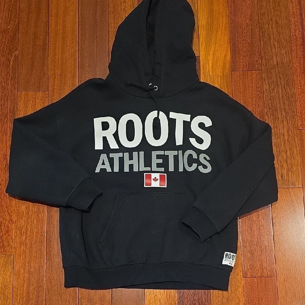 Roots Athletics Black Hoodie with Canadian Flag Unisex (Men's XS, Women's S)